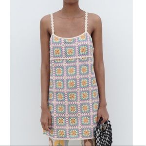NWT Zara Crocheted Pastel Knit Overlay Mini Dress
